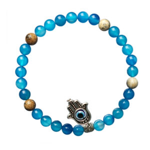 EDELSTEINARMBAND – Achat blau mit Jasperperlen Fatimahand