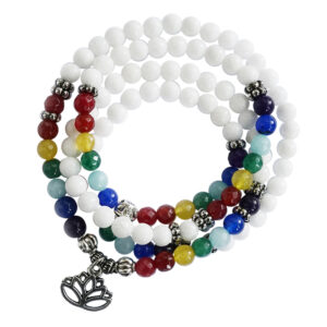 Halskette Mala –  Weisse Jade, bunte Achat Perlen mit Lotus